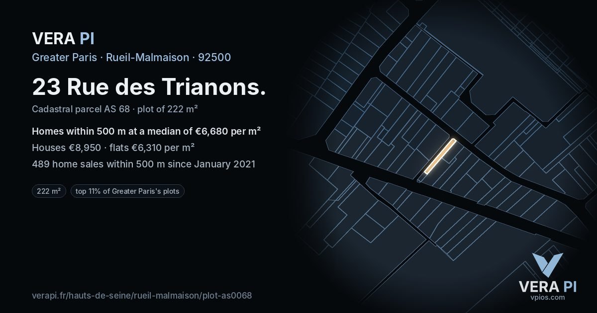 23 Rue des Trianons, Rueil-Malmaison at night – the plot lit, the parcels around coloured by the prices near them