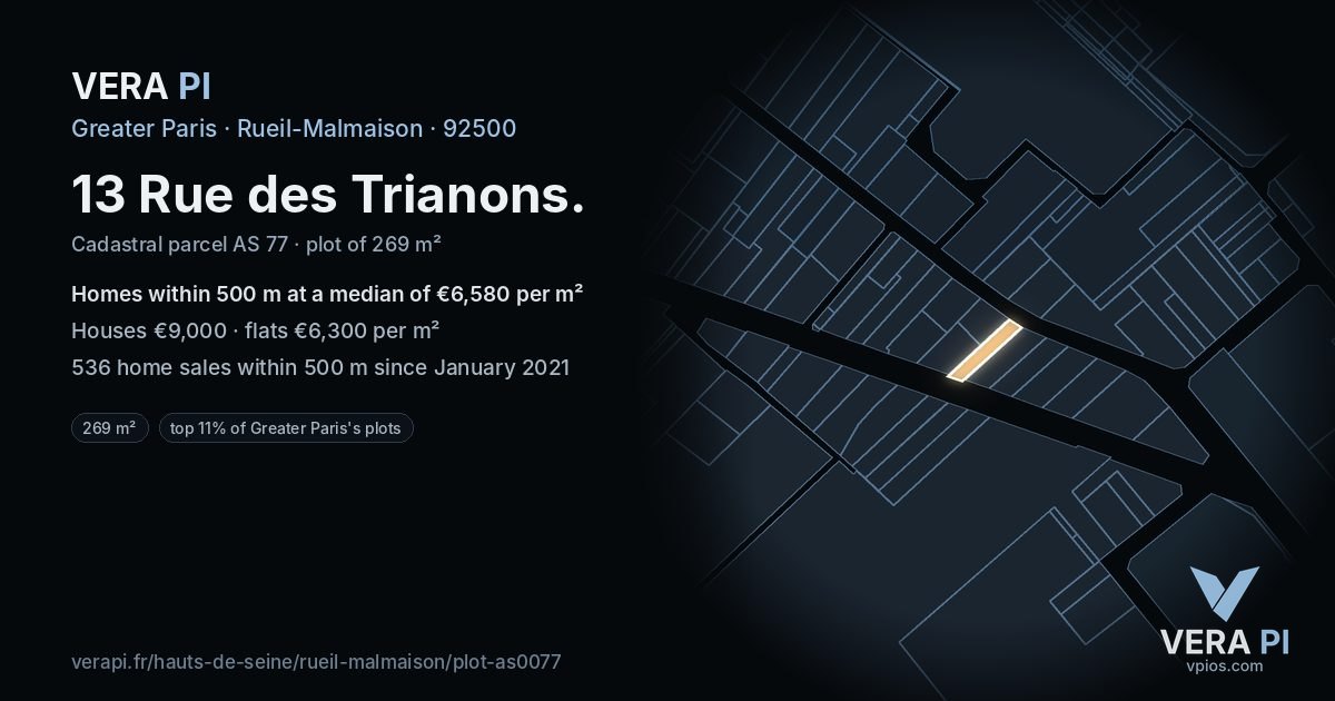 13 Rue des Trianons, Rueil-Malmaison at night – the plot lit, the parcels around coloured by the prices near them