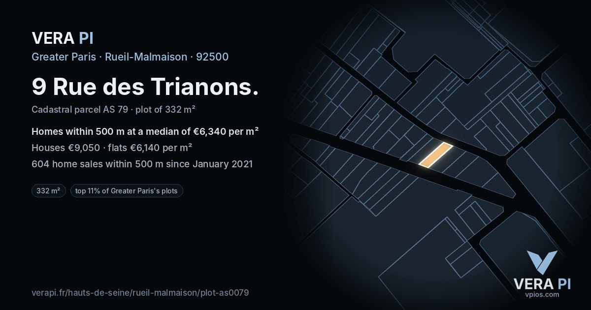 9 Rue des Trianons, Rueil-Malmaison at night – the plot lit, the parcels around coloured by the prices near them