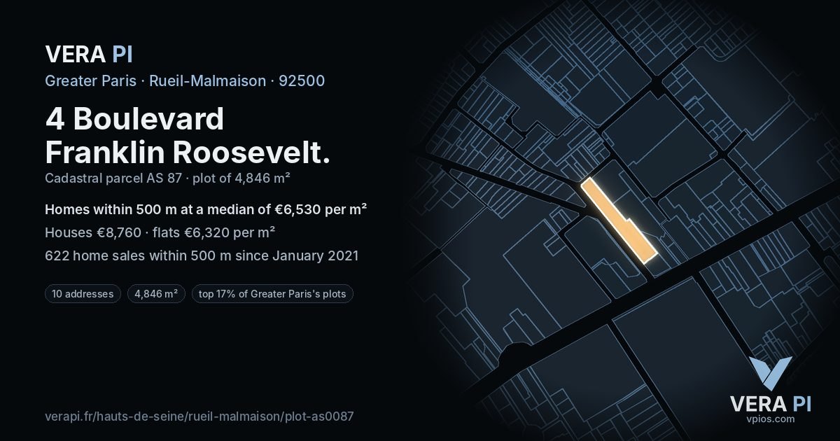 4 Boulevard Franklin Roosevelt, Rueil-Malmaison at night – the plot lit, the parcels around coloured by the prices near them