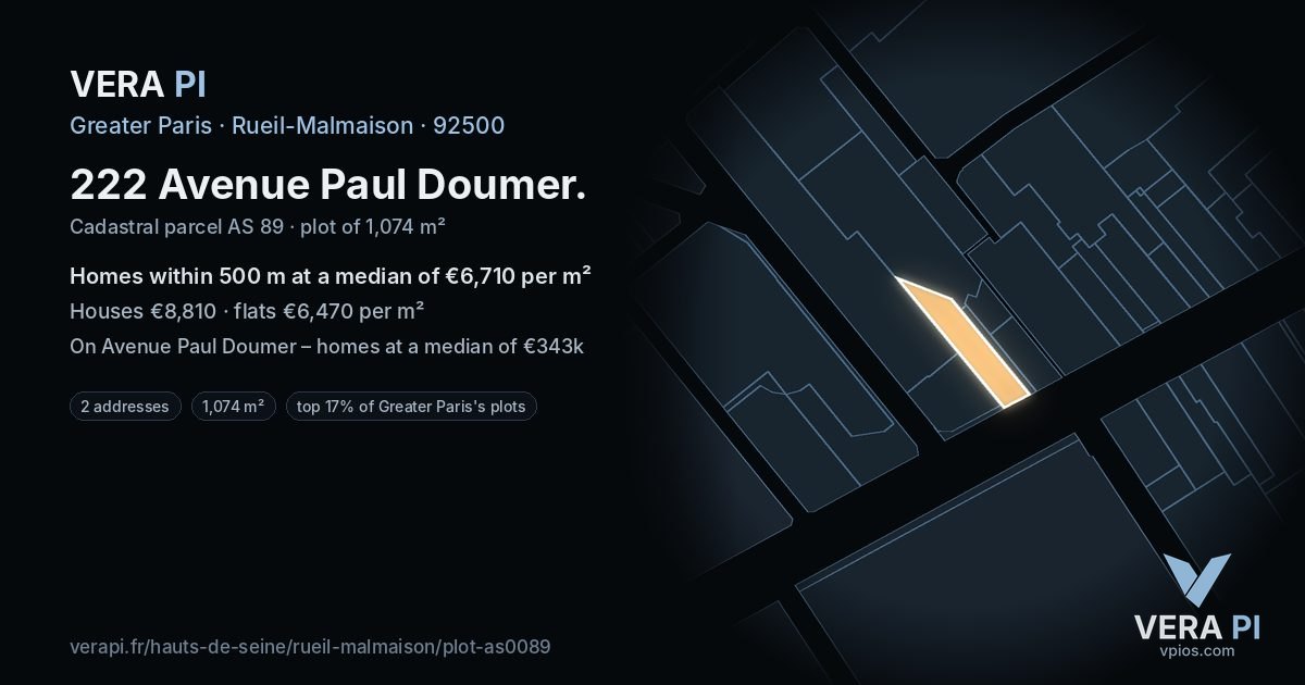 222 Avenue Paul Doumer, Rueil-Malmaison at night – the plot lit, the parcels around coloured by the prices near them