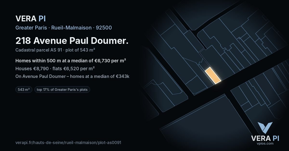218 Avenue Paul Doumer, Rueil-Malmaison at night – the plot lit, the parcels around coloured by the prices near them