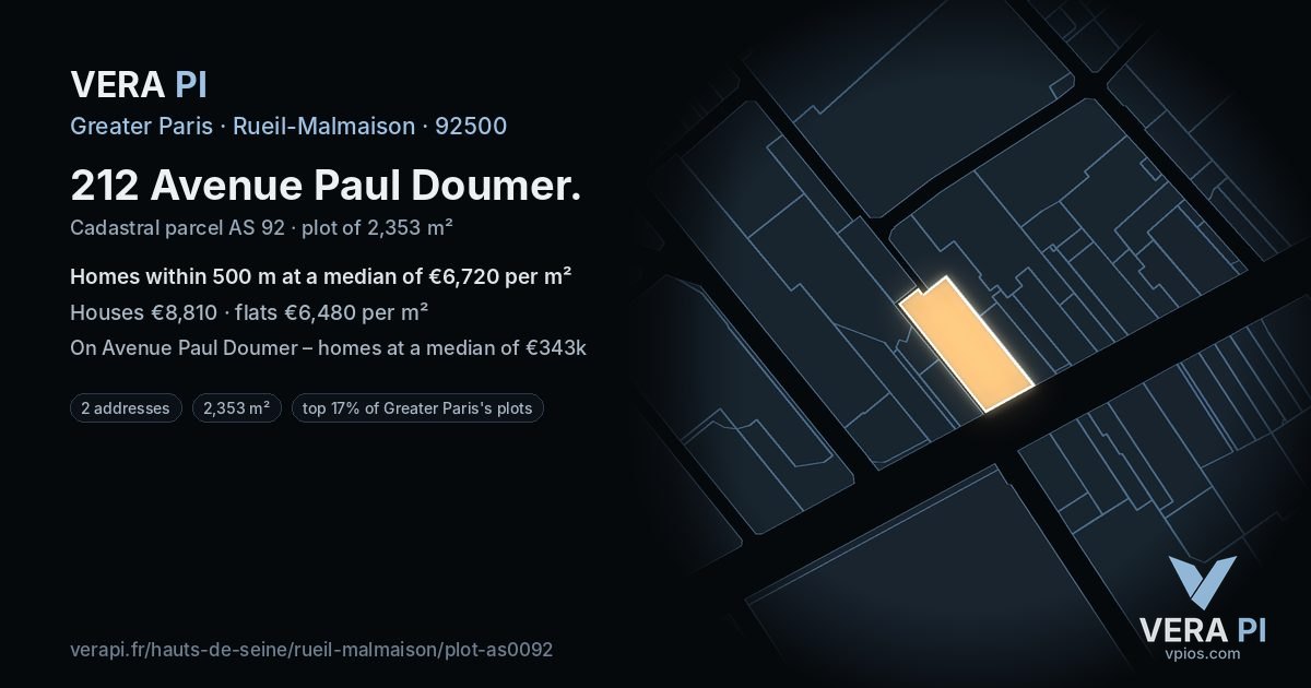 212 Avenue Paul Doumer, Rueil-Malmaison at night – the plot lit, the parcels around coloured by the prices near them