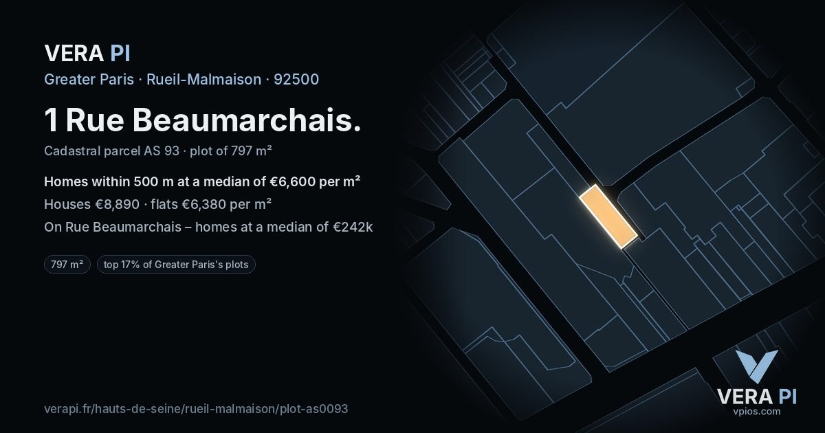 1 Rue Beaumarchais, Rueil-Malmaison at night – the plot lit, the parcels around coloured by the prices near them