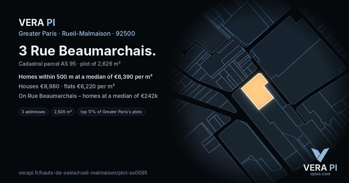 3 Rue Beaumarchais, Rueil-Malmaison at night – the plot lit, the parcels around coloured by the prices near them