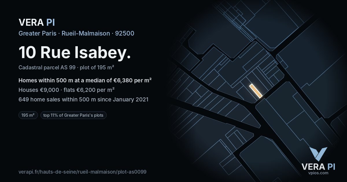 10 Rue Isabey, Rueil-Malmaison at night – the plot lit, the parcels around coloured by the prices near them