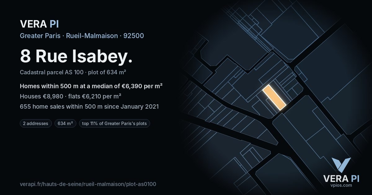 8 Rue Isabey, Rueil-Malmaison at night – the plot lit, the parcels around coloured by the prices near them
