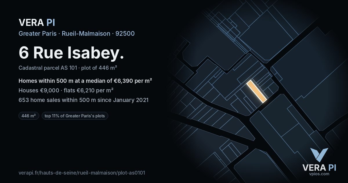 6 Rue Isabey, Rueil-Malmaison at night – the plot lit, the parcels around coloured by the prices near them
