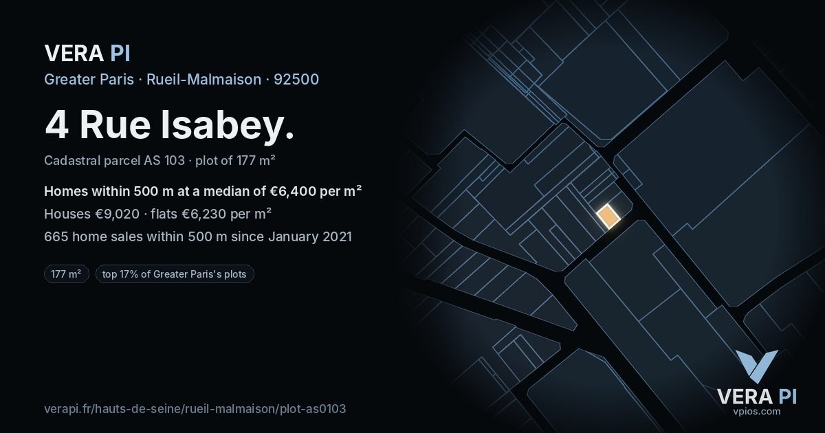 4 Rue Isabey, Rueil-Malmaison at night – the plot lit, the parcels around coloured by the prices near them