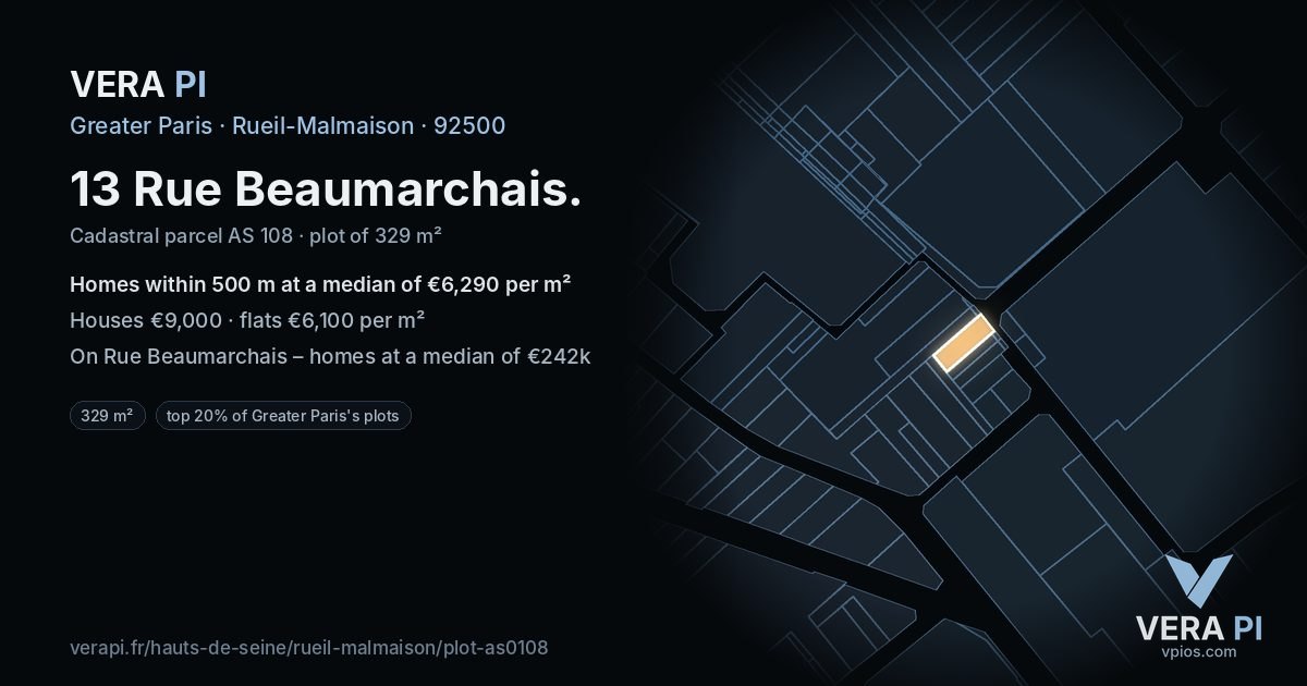 13 Rue Beaumarchais, Rueil-Malmaison at night – the plot lit, the parcels around coloured by the prices near them