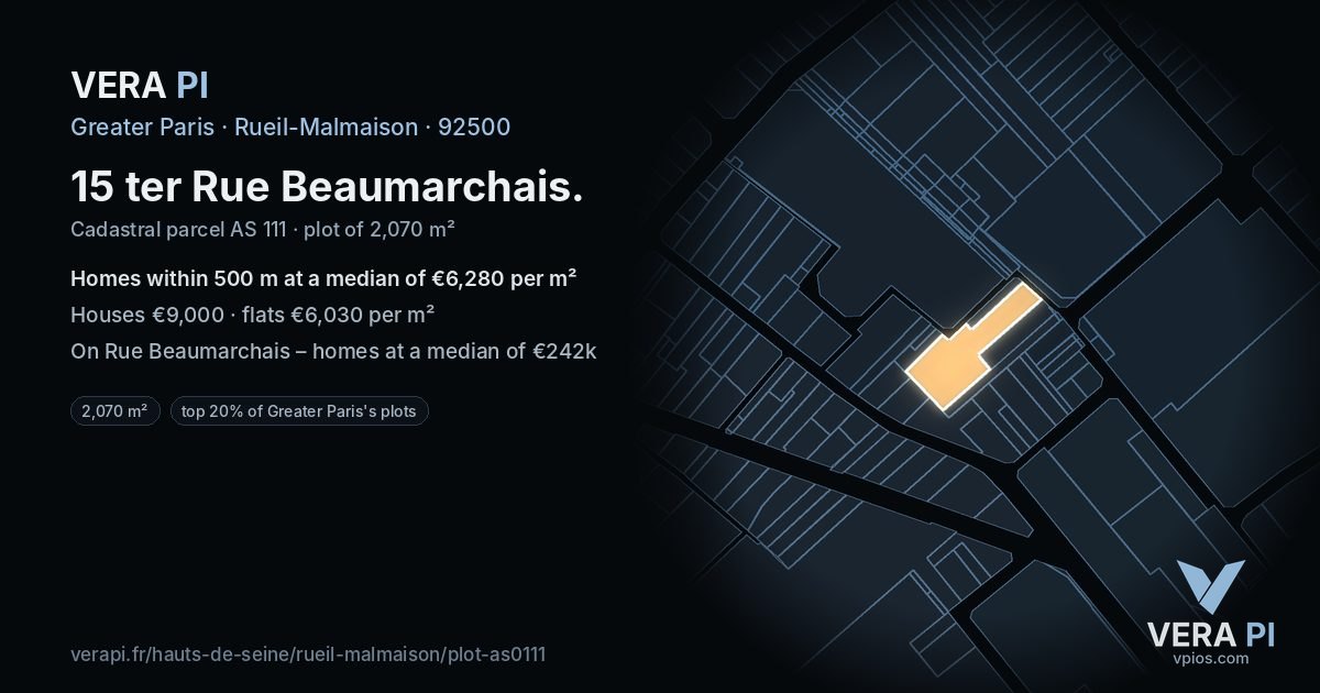 15 ter Rue Beaumarchais, Rueil-Malmaison at night – the plot lit, the parcels around coloured by the prices near them