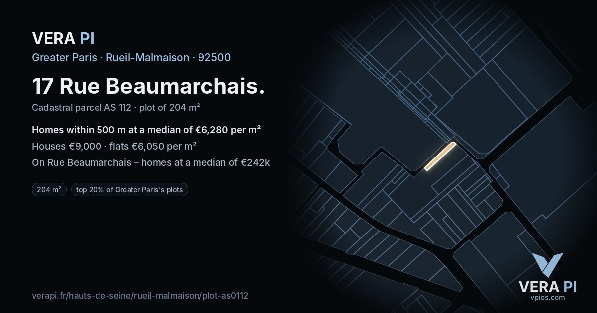 17 Rue Beaumarchais, Rueil-Malmaison at night – the plot lit, the parcels around coloured by the prices near them