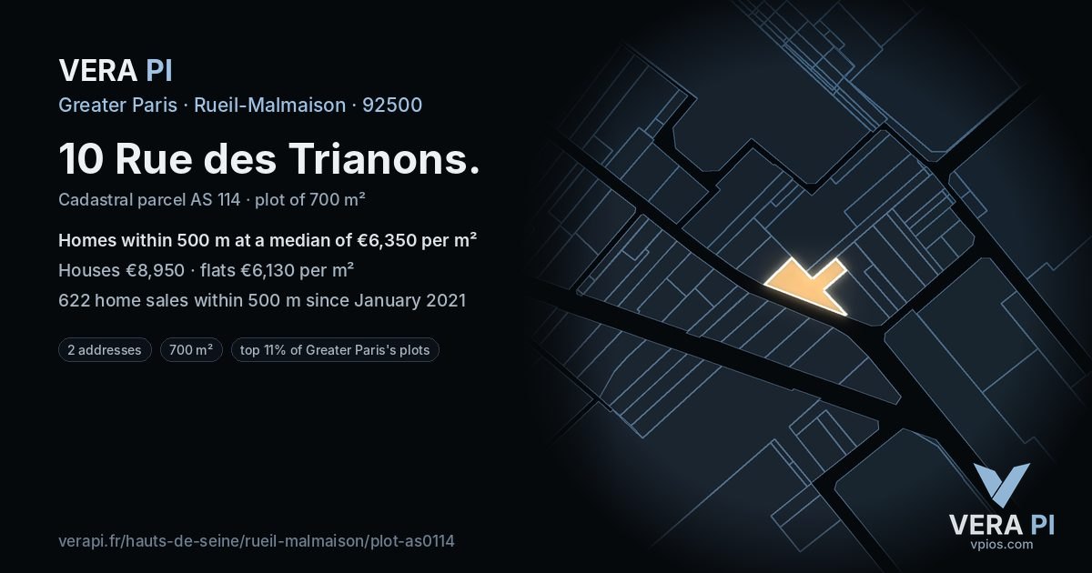 10 Rue des Trianons, Rueil-Malmaison at night – the plot lit, the parcels around coloured by the prices near them