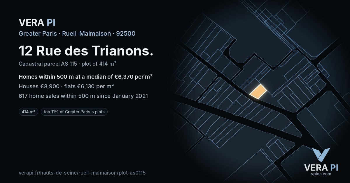 12 Rue des Trianons, Rueil-Malmaison at night – the plot lit, the parcels around coloured by the prices near them