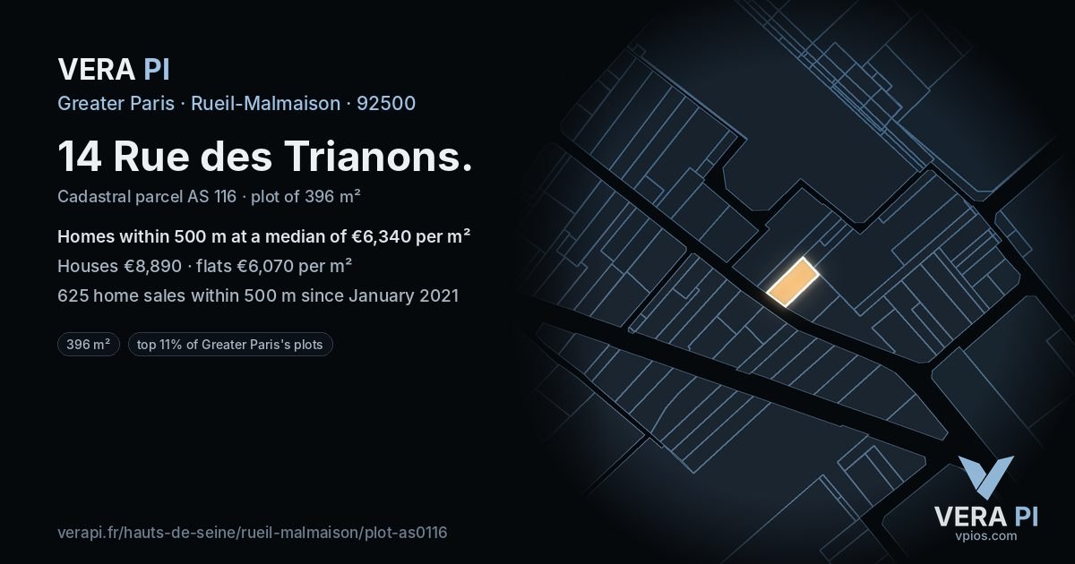 14 Rue des Trianons, Rueil-Malmaison at night – the plot lit, the parcels around coloured by the prices near them