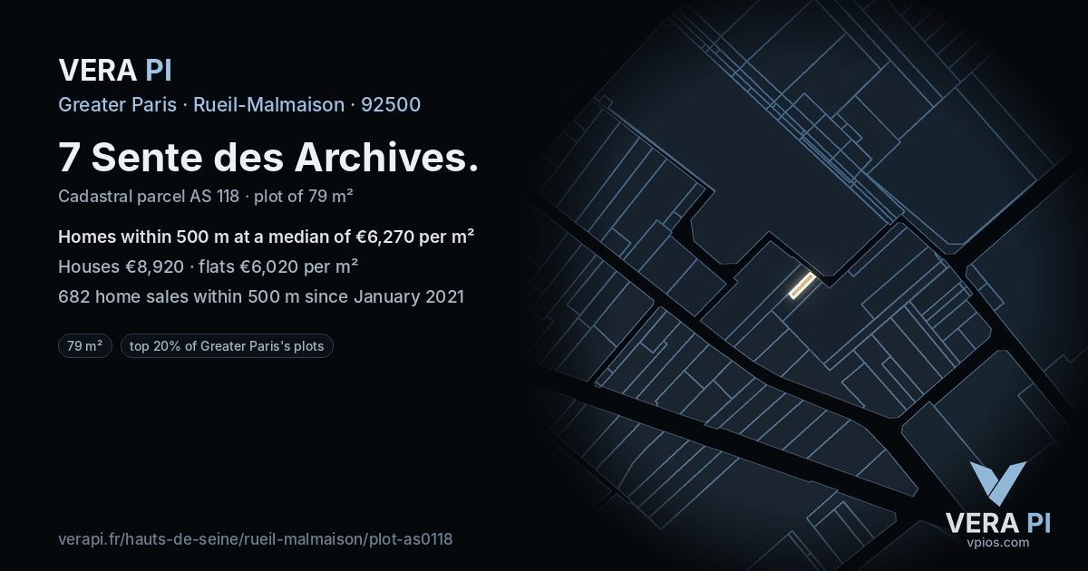 7 Sente des Archives, Rueil-Malmaison at night – the plot lit, the parcels around coloured by the prices near them