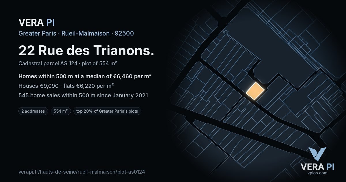 22 Rue des Trianons, Rueil-Malmaison at night – the plot lit, the parcels around coloured by the prices near them