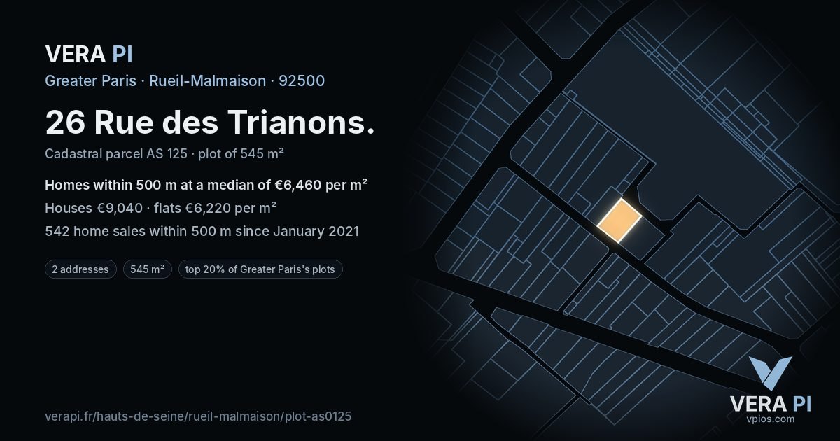 26 Rue des Trianons, Rueil-Malmaison at night – the plot lit, the parcels around coloured by the prices near them