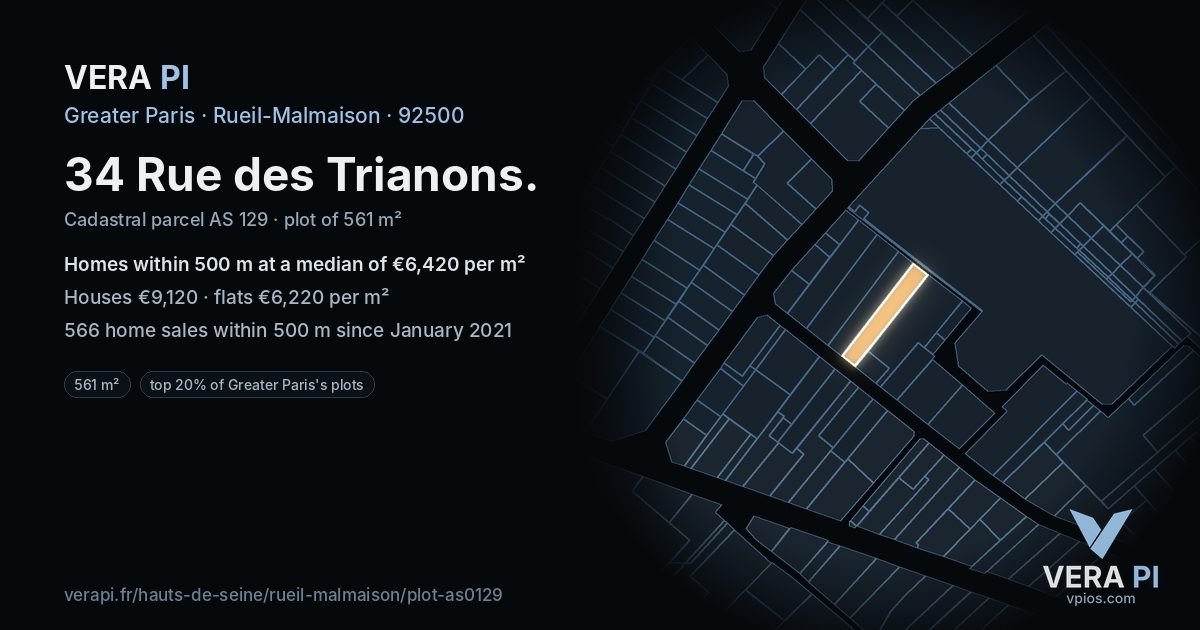 34 Rue des Trianons, Rueil-Malmaison at night – the plot lit, the parcels around coloured by the prices near them