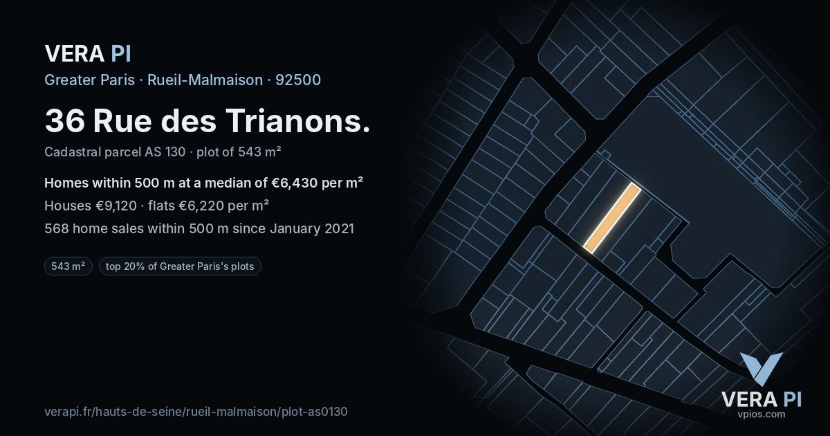 36 Rue des Trianons, Rueil-Malmaison at night – the plot lit, the parcels around coloured by the prices near them