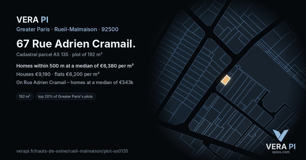 67 Rue Adrien Cramail, Rueil-Malmaison at night – the plot lit, the parcels around coloured by the prices near them