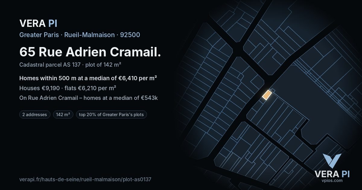 65 Rue Adrien Cramail, Rueil-Malmaison at night – the plot lit, the parcels around coloured by the prices near them