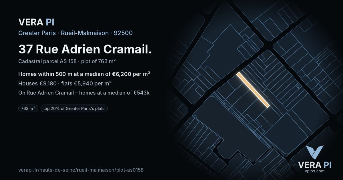 37 Rue Adrien Cramail, Rueil-Malmaison at night – the plot lit, the parcels around coloured by the prices near them