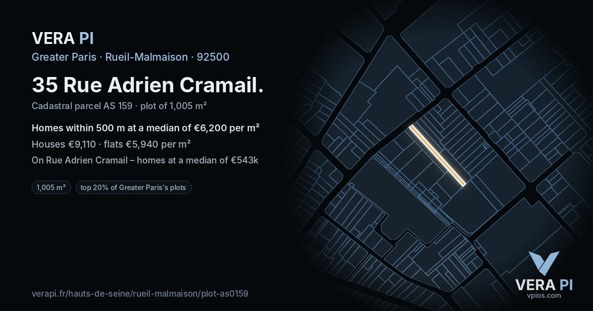 35 Rue Adrien Cramail, Rueil-Malmaison at night – the plot lit, the parcels around coloured by the prices near them