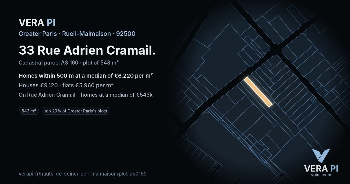 33 Rue Adrien Cramail, Rueil-Malmaison at night – the plot lit, the parcels around coloured by the prices near them