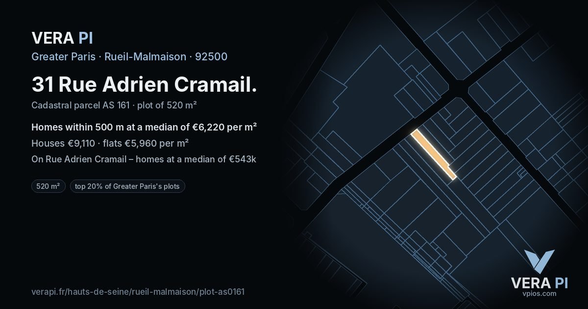 31 Rue Adrien Cramail, Rueil-Malmaison at night – the plot lit, the parcels around coloured by the prices near them