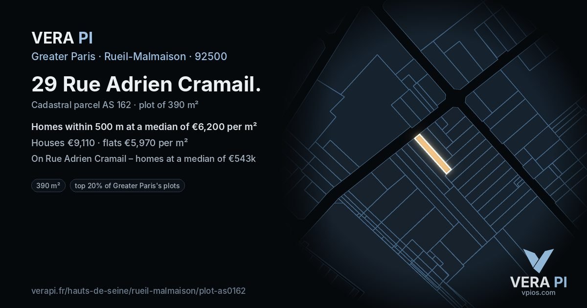 29 Rue Adrien Cramail, Rueil-Malmaison at night – the plot lit, the parcels around coloured by the prices near them