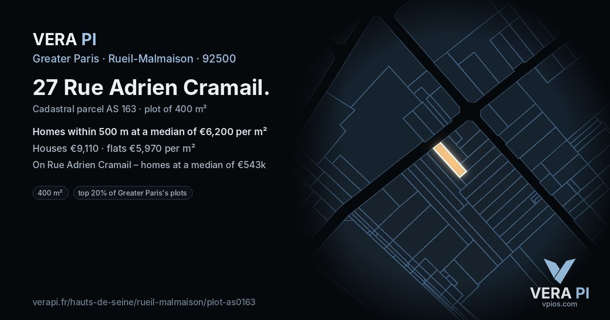 27 Rue Adrien Cramail, Rueil-Malmaison at night – the plot lit, the parcels around coloured by the prices near them