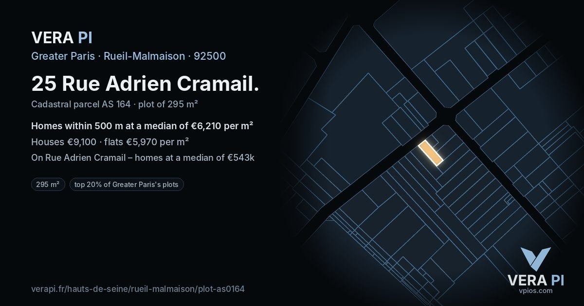 25 Rue Adrien Cramail, Rueil-Malmaison at night – the plot lit, the parcels around coloured by the prices near them