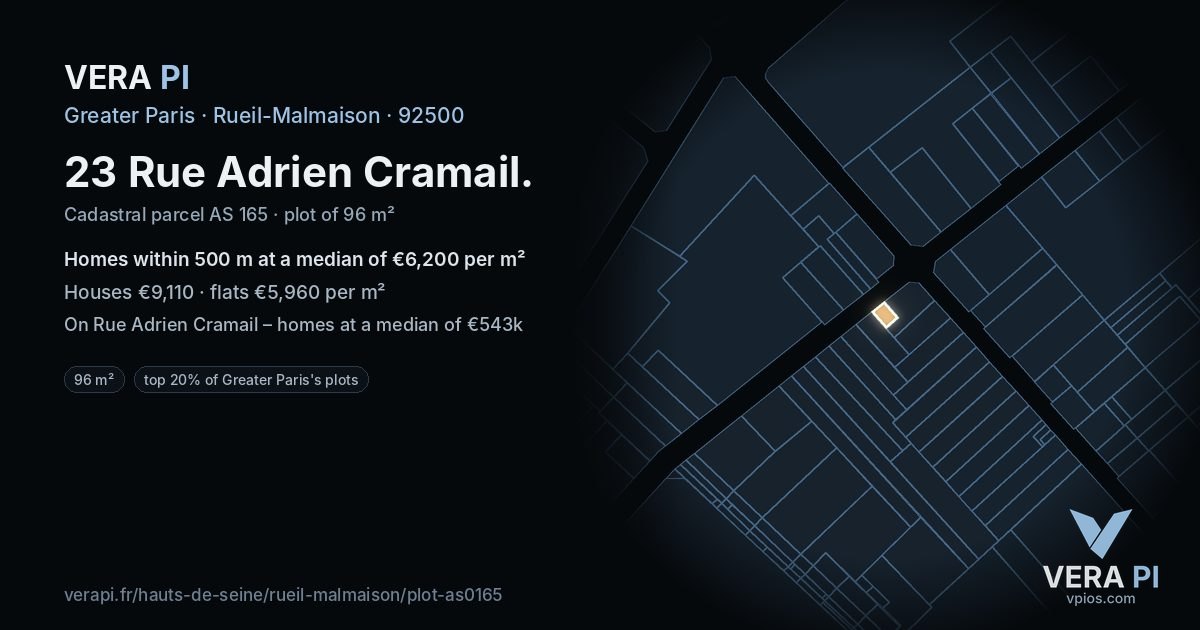 23 Rue Adrien Cramail, Rueil-Malmaison at night – the plot lit, the parcels around coloured by the prices near them