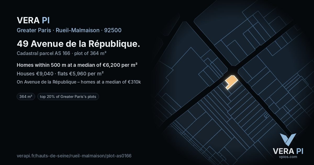 49 Avenue de la République, Rueil-Malmaison at night – the plot lit, the parcels around coloured by the prices near them