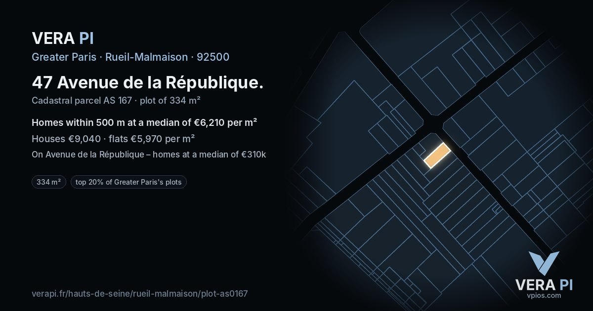 47 Avenue de la République, Rueil-Malmaison at night – the plot lit, the parcels around coloured by the prices near them
