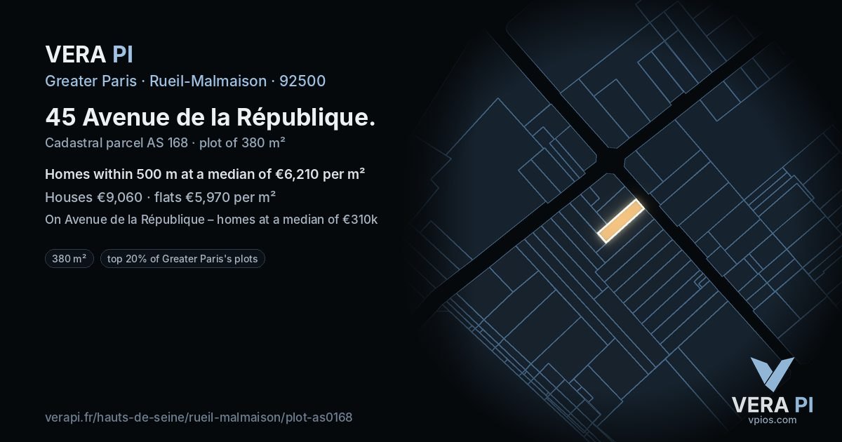 45 Avenue de la République, Rueil-Malmaison at night – the plot lit, the parcels around coloured by the prices near them