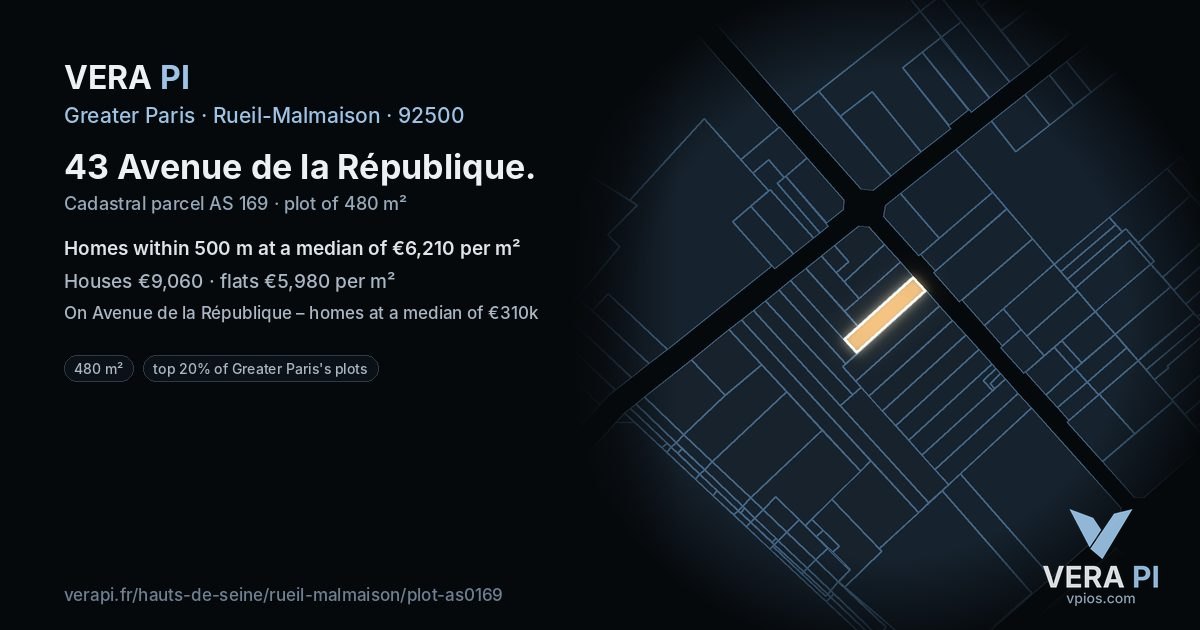 43 Avenue de la République, Rueil-Malmaison at night – the plot lit, the parcels around coloured by the prices near them