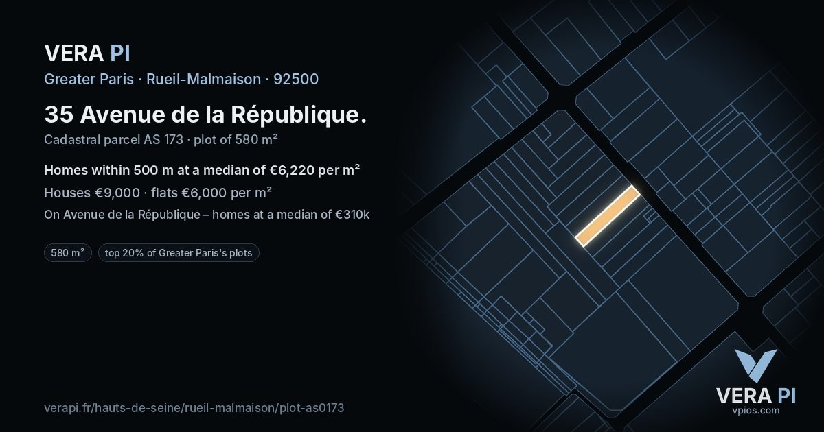 35 Avenue de la République, Rueil-Malmaison at night – the plot lit, the parcels around coloured by the prices near them