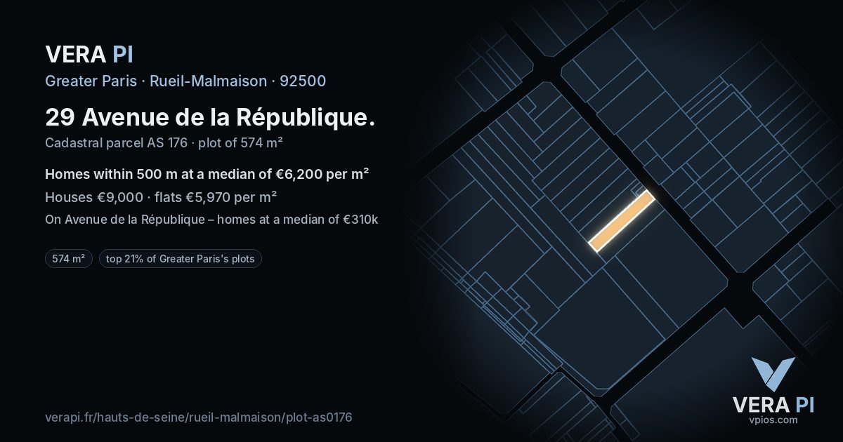 29 Avenue de la République, Rueil-Malmaison at night – the plot lit, the parcels around coloured by the prices near them