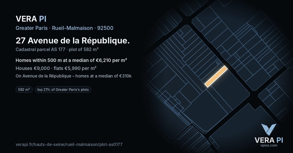 27 Avenue de la République, Rueil-Malmaison at night – the plot lit, the parcels around coloured by the prices near them