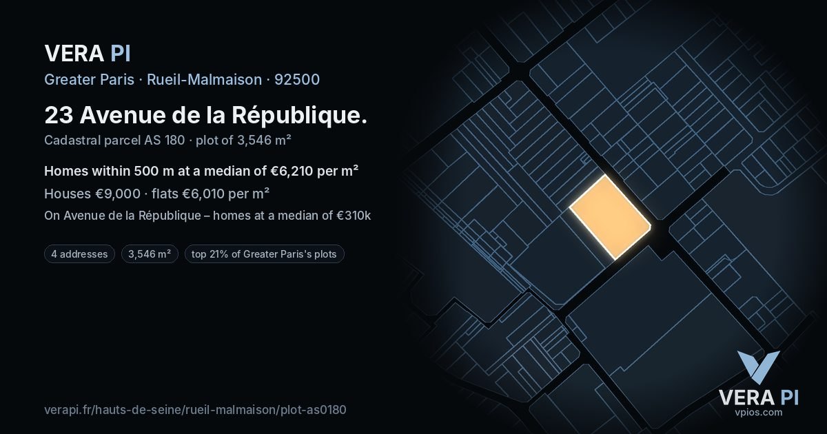 23 Avenue de la République, Rueil-Malmaison at night – the plot lit, the parcels around coloured by the prices near them