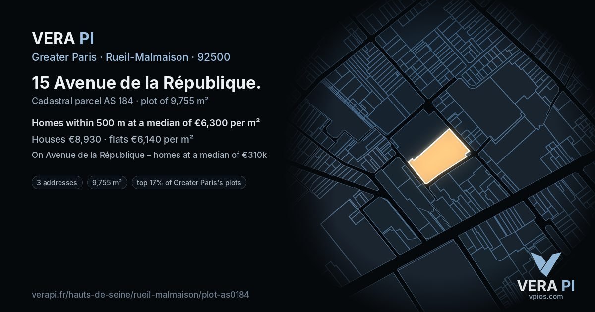 15 Avenue de la République, Rueil-Malmaison at night – the plot lit, the parcels around coloured by the prices near them