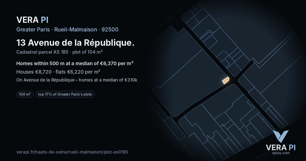 13 Avenue de la République, Rueil-Malmaison at night – the plot lit, the parcels around coloured by the prices near them