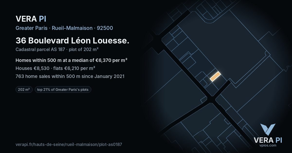 36 Boulevard Léon Louesse, Rueil-Malmaison at night – the plot lit, the parcels around coloured by the prices near them