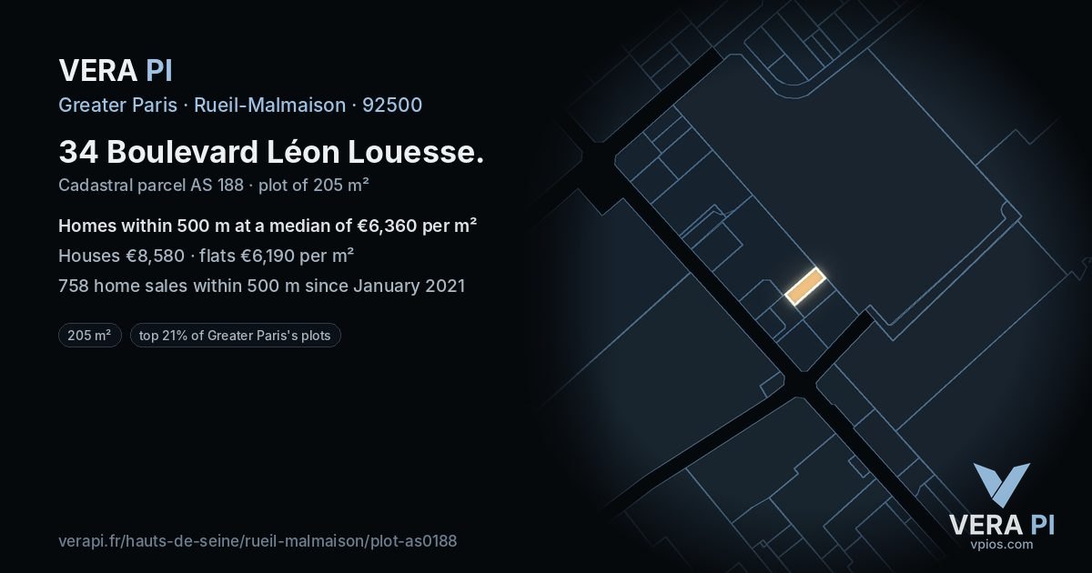 34 Boulevard Léon Louesse, Rueil-Malmaison at night – the plot lit, the parcels around coloured by the prices near them
