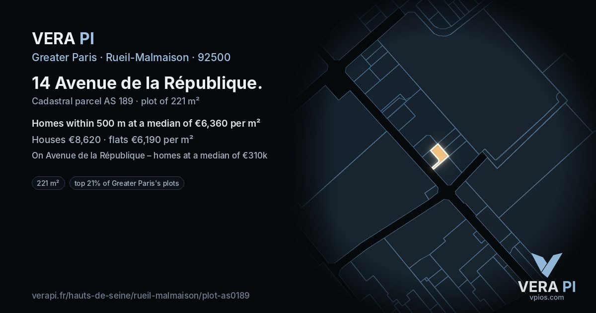 14 Avenue de la République, Rueil-Malmaison at night – the plot lit, the parcels around coloured by the prices near them