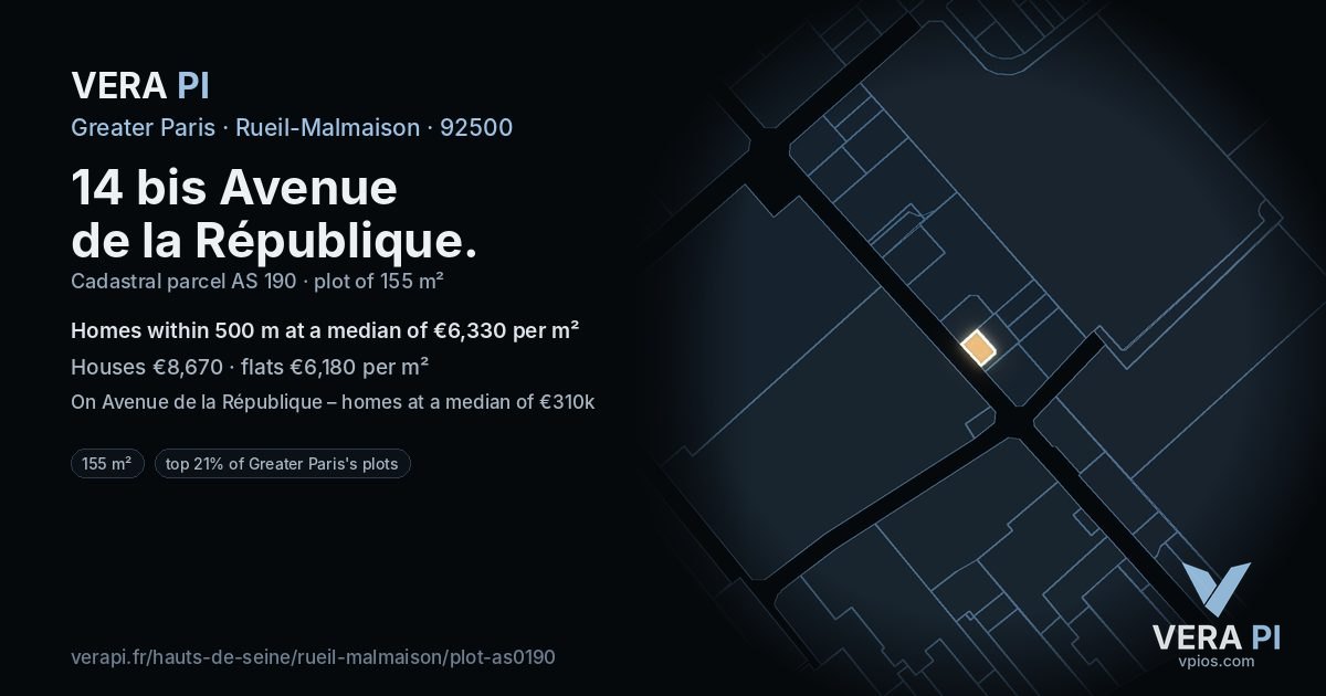 14 bis Avenue de la République, Rueil-Malmaison at night – the plot lit, the parcels around coloured by the prices near them