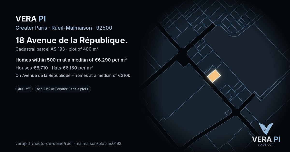 18 Avenue de la République, Rueil-Malmaison at night – the plot lit, the parcels around coloured by the prices near them