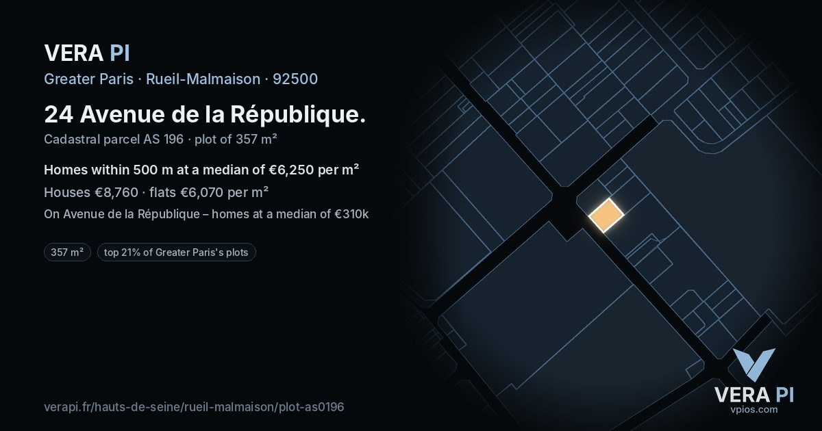 24 Avenue de la République, Rueil-Malmaison at night – the plot lit, the parcels around coloured by the prices near them